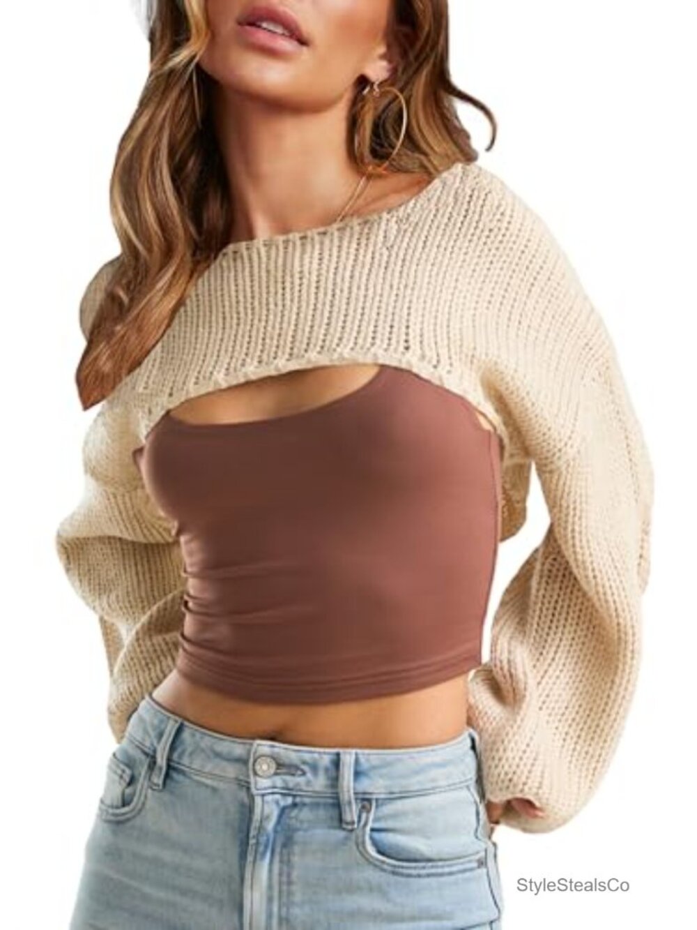 Womens Bolero Crochet Crop Shrug Ribbed Knit Long Sleeve Pullover Sweater